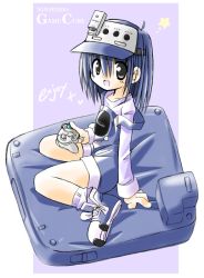 Rule 34 | 1girl, blue hair, character name, controller, game console, game controller, gamecube, gamecube-tan, handheld game console, hat, nintendo, overall shorts, overalls, pillow, playing games, rascal (feuille), sitting, solo, video game
