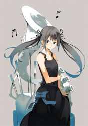 Rule 34 | 1girl, bare shoulders, bottle, collarbone, cowboy shot, dress, grey background, kuchibue, long hair, looking at viewer, musical note, original, silver hair, simple background, sleeveless, sleeveless dress, solo, twintails, very long hair
