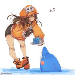 Rule 34 | 1girl, bent over, bike shorts, black shorts, cake, cake slice, closed eyes, dolphin, fingerless gloves, food, gloves, guilty gear, highres, holding, holding plate, holding spoon, hood, hoodie, jacket, long hair, may (guilty gear), mil17459623, mr. dolphin (guilty gear), orange footwear, orange headwear, orange hoodie, orange jacket, plate, shorts, simple background, skull and crossbones, spoon, tongue, tongue out, twitter username, water, white background