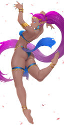 Rule 34 | 1girl, anklet, armlet, ass, barefoot, blue eyes, blue nails, bracelet, breasts, cheshirrr, cleavage, dancer, dark-skinned female, dark skin, from behind, highres, jewelry, looking at viewer, looking back, medium breasts, nail polish, official alternate costume, pelvic curtain, pointy ears, ponytail, purple hair, shantae, shantae (series), shiny skin, solo, thighlet, tiara, toenail polish, toenails, wide hips