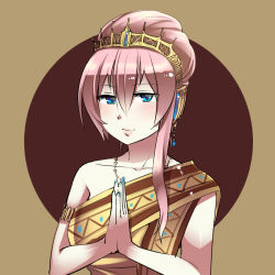 Rule 34 | 1girl, alternate costume, alternate hairstyle, blue eyes, breasts, caffein, crown, headset, indian clothes, looking at viewer, medium breasts, megurine luka, own hands together, pink hair, simple background, smile, solo, vocaloid