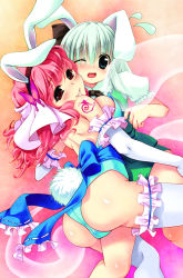 Rule 34 | 2girls, adapted costume, animal ears, asou natsume, ass, back, bare back, bare shoulders, blush, breasts, bug, rabbit ears, rabbit tail, playboy bunny, butterfly, cleavage, elbow gloves, fake animal ears, female focus, ghost, gloves, green eyes, hair ornament, hairband, hitodama, bug, kemonomimi mode, konpaku youmu, konpaku youmu (ghost), large breasts, looking back, multiple girls, open mouth, pink hair, red eyes, saigyouji yuyuko, short hair, silver hair, straddling, sweatdrop, tail, tattoo, thighhighs, touhou, white gloves, white legwear, wince, yuri