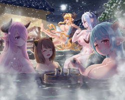 Rule 34 | 5girls, :3, ^ ^, alcohol, bath, bathing, blonde hair, blue eyes, blue hair, blush, breasts, brown hair, bucket, choko (cup), closed eyes, cloud, cloudy sky, collarbone, commentary request, convenient censoring, cup, demon horns, draph, fence, floating breasts, full body, full moon, granblue fantasy, hair between eyes, hair over one eye, half-closed eyes, highres, holding, holding cup, horns, huge breasts, hyperhkl, izmir, lamretta, large breasts, light purple hair, light rays, long hair, looking at another, looking at viewer, medium hair, moon, multiple girls, naked towel, narmaya (granblue fantasy), navel, night, night sky, nipples, nude, onsen, open mouth, outdoors, partially submerged, pointy ears, razia, red eyes, rock, sake, shelf, sidelocks, silver hair, sitting, sky, slipping, snow, snowing, soaking feet, steam, tokkuri, towel, tree, water, wet, white towel, wooden bucket, wooden fence, yaia (granblue fantasy)