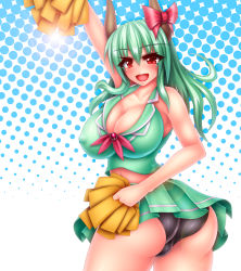 Rule 34 | 1girl, :d, arm up, ass, bad anatomy, bad id, bad pixiv id, bare arms, bare shoulders, black panties, bow, breasts, cheerleader, cleavage, covered erect nipples, cowboy shot, curvy, ex-keine, green hair, hair between eyes, halftone, halftone background, harumi (harumix), holding, horn bow, horn ornament, horns, huge ass, huge breasts, kamishirasawa keine, long hair, looking at viewer, microskirt, open mouth, panties, pleated skirt, pom pom (cheerleading), red eyes, skirt, smile, solo, touhou, twisted torso, underwear, upskirt