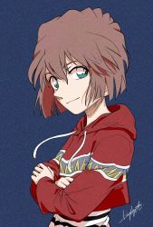Rule 34 | 1girl, aqua eyes, blue background, brown hair, closed mouth, crossed arms, daylight919, haibara ai, hair between eyes, highres, hood, hooded sweater, long sleeves, looking at viewer, meitantei conan, red sweater, short hair, signature, smile, solo, sweater
