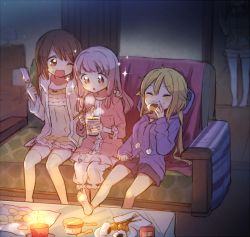 Rule 34 | 4girls, :o, ;d, barefoot, blonde hair, bloomers, blush, boyano, breasts, brown eyes, brown hair, burning, candle, candlelight, chips (food), chopsticks, closed eyes, couch, drawstring, dress, eating, fire, food, food on face, hair between eyes, hand on another&#039;s shoulder, holding, holding chopsticks, holding food, hood, hood down, hooded jacket, ice cream, indoors, jacket, long hair, long sleeves, magia record: mahou shoujo madoka magica gaiden, mahou shoujo madoka magica, medium breasts, mitsuki felicia, mitsuki felicia (pajamas costume), multiple girls, nissin cup noodle, on couch, one eye closed, onigiri, open clothes, open jacket, open mouth, parted lips, pink dress, pocky, potato chips, purple jacket, purple shorts, red eyes, rice, rice on face, short shorts, shorts, sitting, smile, sparkle, standing, table, tamaki iroha, tamaki iroha (pajamas costume), tamaki ui, thighhighs, twintails, underwear, very long hair, white bloomers, white shorts, wooden floor, yui tsuruno, yui tsuruno (pajamas costume)