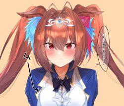 Rule 34 | 1girl, :i, absurdres, animal ears, black bow, black bowtie, blue jacket, blush, bow, bowtie, breasts, brown hair, commentary request, daiwa scarlet (umamusume), hair bow, hair intakes, highres, horse ears, horse girl, jacket, large breasts, long hair, looking at viewer, pout, red bow, red eyes, shirt, solo, speech bubble, tiara, translation request, twintails, umamusume, upper body, white shirt, yomesuket