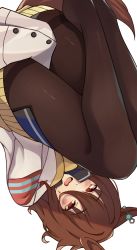Rule 34 | 1girl, absurdres, agnes tachyon (umamusume), animal ears, black necktie, black pantyhose, blush, brown hair, coat, commentary request, earrings, hair between eyes, highres, horse ears, horse girl, horse tail, jewelry, lab coat, looking at viewer, necktie, open mouth, pantyhose, pirukusu, red eyes, short hair, short necktie, simple background, single earring, sleeves past wrists, solo, sweatdrop, sweater, tail, umamusume, upside-down, wavy mouth, white background, white coat, yellow sweater