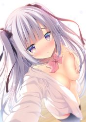Rule 34 | 1girl, black bow, black thighhighs, blurry, blurry background, blush, bow, breasts, commentary request, covering privates, covering one breast, depth of field, fingernails, foreshortening, grey hair, hair bow, long hair, long sleeves, looking at viewer, medium breasts, naked shirt, nose blush, open clothes, open shirt, original, outstretched arm, parted lips, pink bow, purple eyes, reaching, reaching towards viewer, selfie, shibainu niki, shirt, solo, standing, thighhighs, two side up, very long hair, white shirt, wooden floor