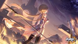 Rule 34 | 1girl, bare shoulders, black thighhighs, breasts, brown hair, china dress, chinese clothes, closed mouth, dress, earrings, fire, highres, holding, holding scythe, holding weapon, honkai (series), honkai impact 3rd, jewelry, long hair, night, night sky, official art, outdoors, rita rossweisse, rita rossweisse (artemis), rubble, scythe, sideboob, sky, solo, standing, thighhighs, torn clothes, torn thighhighs, twintails, weapon