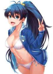 Rule 34 | 1girl, :d, antenna hair, bikini, bikini under clothes, black hair, breasts, cleavage, commentary request, cowboy shot, fang, ganaha hibiki, high ponytail, highres, idolmaster, idolmaster (classic), jacket, long hair, looking at viewer, medium breasts, mikel (4hands), navel, open mouth, ponytail, simple background, smile, solo, standing, stomach, string bikini, swimsuit, swimsuit under clothes, v, white background, white bikini
