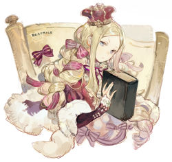 Rule 34 | 1girl, bad id, bad pixiv id, beatrice (re:zero), blonde hair, blue eyes, book, bow, butterfly-shaped pupils, character name, closed mouth, commentary, crown, dress, fur, holding, holding book, kuzuvine, long hair, long sleeves, looking at viewer, parted bangs, purple bow, re:zero kara hajimeru isekai seikatsu, scroll, sidelocks, simple background, solo, symbol-shaped pupils, upper body, white background