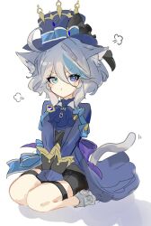Rule 34 | 1girl, :t, akizuwa, animal ears, ascot, black shorts, blue ascot, blue eyes, blue hat, blue jacket, brooch, cat ears, cat girl, cat tail, closed mouth, full body, furina (genshin impact), genshin impact, grey hair, hair between eyes, hand on lap, hat, heterochromia, highres, jacket, jewelry, kemonomimi mode, long sleeves, looking at viewer, own hands together, pout, puff of air, purple eyes, short hair, shorts, sidelocks, sitting, solo, tail, top hat, wariza