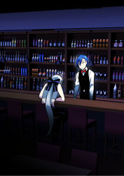 Rule 34 | 1boy, 1girl, 3d background, ahoge, alcohol, bar (place), black pants, black vest, blue hair, bottle, bow, bowtie, caffein, chair, commentary, crop top, from behind, grey shirt, hair bow, head down, highres, indoors, kaito (vocaloid), long hair, pants, ponytail, red neckwear, shelf, shirt, sitting, standing, striped, striped bow, very long hair, vest, vocaloid, waiter, white hair, white shirt, yowane haku