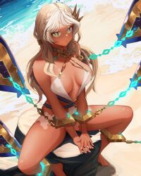 Rule 34 | 1girl, andromeda (fate), andromeda (first ascension) (fate), barefoot, beach, blonde hair, braid, breasts, chain, crown braid, cuffs, dark-skinned female, dark skin, fate/grand order, fate (series), fingernails, gold choker, green eyes, hair ornament, highres, large breasts, long hair, looking at viewer, ocean, outdoors, phaethonvt, revealing clothes, rock, shackles, sitting, sitting on rock