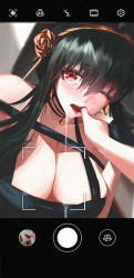Rule 34 | 1girl, artificial flower, bad id, bad pixiv id, black choker, black dress, black hair, breasts, brown hairband, choker, cleavage, collarbone, dress, drooling, earrings, finger in own mouth, flower, hair between eyes, hair flower, hair ornament, hairband, jewelry, laowei, large breasts, looking at viewer, one eye closed, open mouth, red eyes, saliva, short hair with long locks, sidelocks, sleeveless, sleeveless dress, solo focus, spy x family, upper body, viewfinder, yor briar