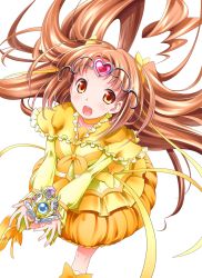 Rule 34 | 10s, 1girl, boots, bow, breasts, brooch, brown hair, bubble skirt, choker, circlet, cure muse, cure muse (yellow), dress, frills, hair ribbon, heart, jewelry, kaneda mitsuko, long hair, magical girl, open mouth, precure, red eyes, ribbon, shirabe ako, skirt, smile, solo, suite precure, tiara, white background, yellow bow, yellow dress, yellow skirt