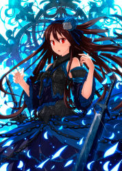 Rule 34 | 1girl, armor, armored dress, bear hair ornament, blue dress, brown hair, chain, colored eyelashes, commentary request, cowboy shot, detached sleeves, diffraction spikes, dress, frilled dress, frilled sleeves, frills, hair ornament, hairband, highres, lolita hairband, long hair, looking at viewer, open mouth, original, red eyes, sazanami mio, solo, sparkle, sword, very long hair, weapon