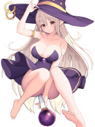 Rule 34 | 1girl, absurdres, bare shoulders, barefoot, blush, breasts, cleavage, collarbone, commission, dress, hair between eyes, hat, highres, holding, holding clothes, holding hat, original, pointy ears, red eyes, rod, simple background, sitting, smile, strapless, strapless dress, toes, watermark, white background, witch hat, yuri (chocho q)