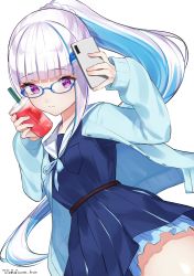 Rule 34 | 1girl, blue-framed eyewear, blue cardigan, blue hair, blue ribbon, blue serafuku, blue shirt, blue skirt, blunt bangs, breasts, cardigan, cellphone, closed mouth, commentary request, cup, dated, disposable cup, drink, drinking straw, dutch angle, frilled skirt, frills, glasses, hair ornament, hair scrunchie, hands up, highres, hirota fruit, holding, holding cup, holding phone, lize helesta, lize helesta (4th costume), long hair, long sleeves, medium breasts, multicolored hair, neck ribbon, nijisanji, open cardigan, open clothes, phone, pleated skirt, ponytail, purple eyes, ribbon, sailor collar, school uniform, scrunchie, serafuku, shirt, signature, silver hair, simple background, skirt, sleeves past wrists, smile, solo, twitter username, two-tone hair, very long hair, virtual youtuber, white background, white sailor collar, white scrunchie