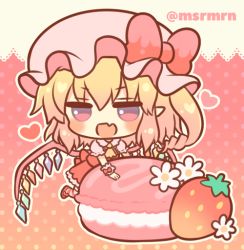 Rule 34 | 1girl, :d, ascot, bad id, bad pixiv id, blonde hair, blush, bow, chibi, commentary request, fang, flandre scarlet, flower, food, fruit, hat, hat bow, heart, long hair, macaron, mashiro miru, mob cap, one side up, open mouth, pantyhose, pink hat, polka dot, polka dot background, puffy short sleeves, puffy sleeves, red bow, red eyes, red footwear, red skirt, red vest, ringlets, shoes, short sleeves, skirt, smile, solo, standing, standing on one leg, strawberry, striped clothes, striped legwear, striped pantyhose, touhou, twitter username, vest, white flower, wrist cuffs, yellow ascot