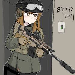 Rule 34 | 1girl, ammunition pouch, assault rifle, black headwear, black shirt, bright pupils, brown eyes, brown hair, chest rig, closed mouth, combat helmet, commentary, doorway, english commentary, english text, eotech, flip-up sight, fn scar, fn scar 16, folding stock, foregrip, gloves, goggles, goggles on headwear, grey gloves, grey jacket, grey pants, gun, headset, helmet, highres, holding, holding gun, holding weapon, hood, hood down, hooded jacket, hybrid sight, indoors, jacket, light switch, long hair, long sleeves, looking ahead, optical sight, original, pants, pouch, reflex sight, rifle, rustybilge, shirt, suppressor, trigger discipline, two-tone gloves, upper body, vertical foregrip, weapon, white pupils, yellow gloves
