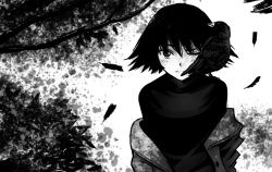 Rule 34 | 1girl, animal, animal on shoulder, bird, bird on shoulder, black eyes, black hair, black shirt, branch, crow, feathers, greyscale, jacket, looking at viewer, monochrome, nonaka haru, one eye closed, reiquant, shirt, short hair, solo, standing, upper body, yesterday wo utatte