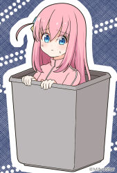Rule 34 | 1girl, blue eyes, bocchi the rock!, closed mouth, commentary request, cube hair ornament, full body, gotoh hitori, hair between eyes, hair ornament, hands up, highres, in container, jacket, long hair, looking at viewer, mitya, one side up, outline, pink hair, pink jacket, solo, track jacket, trash can, turn pale, wavy mouth, white outline