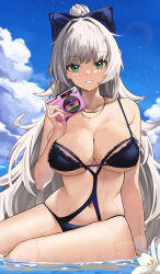 1girl absurdres arm_support armpit_crease azur_lane bikini blue_bikini blue_bow blue_nails blue_sky bow bracelet breasts camera cleavage commentary gold_necklace green_eyes grey_hair grin hair_bow highres holding holding_camera in_water jewelry large_breasts long_hair looking_at_viewer nail_polish navel necklace official_alternate_costume sitting sky smile soar_sora222 solo stomach swimsuit very_long_hair vittorio_veneto_(azur_lane) vittorio_veneto_(the_flower_of_la_spezia)_(azur_lane) wet yokozuwari