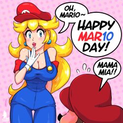 Rule 34 | 1boy, 1girl, blonde hair, blue eyes, blush, breasts, brown hair, cleavage, cosplay, crossdressing, earrings, facial hair, gloves, grin, hat, jewelry, kittyhawk, large breasts, long hair, looking at another, mario, mario (cosplay), mario (series), mario day, mustache, nintendo, overalls, princess peach, shiny skin, smile, standing, super mario bros. 1, talking, thigh gap