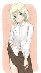 Rule 34 | 1boy, 3u, androgynous, armin arlert, blonde hair, blouse, blue eyes, blush, character name, closed mouth, clothes lift, collared shirt, cosplay, crossdressing, embarrassed, head tilt, historia reiss (cosplay), historiamin, krista lenz, lifting own clothes, male focus, navel, outside border, pink background, shingeki no kyojin, shirt, simple background, skirt, skirt lift, solo, standing, thick eyebrows, tilted head, trap, white shirt