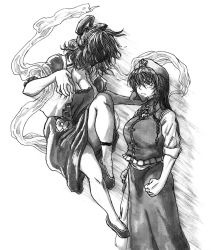Rule 34 | 2girls, beret, braid, breasts, chinese clothes, cleavage, clenched hands, dress, evil eyes, evil smile, face grab, scar on face, floating, focused, greyscale, hagoromo, hair ornament, hair stick, hand on another&#039;s face, hat, hong meiling, kaku seiga, koyubi (littlefinger1988), large breasts, leg up, legband, legs, long hair, long skirt, long sleeves, looking at another, looking down, looking up, monochrome, multiple girls, open clothes, open vest, pants, scar, scar on cheek, scar on face, shawl, shirt, short hair, short sleeves, side slit, skirt, sleeves rolled up, smile, star (symbol), tangzhuang, thighs, touhou, twin braids, very long hair, vest