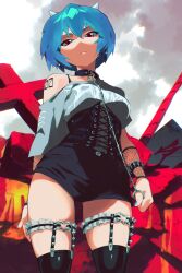 Rule 34 | 1girl, aetherion, arm at side, arm behind back, ayanami rei, black collar, black corset, black shorts, black thighhighs, blue hair, blue nails, bracelet, breasts, closed mouth, cloud, cloudy sky, collar, collar chain (jewelry), collarbone, commentary, contrapposto, corset, cross, day, debris, dot nose, english commentary, fishnet armwear, frilled straps, frown, goth fashion, grey shirt, hair between eyes, high-waist shorts, highres, horns, jewelry, looking at viewer, medium breasts, nail polish, neon genesis evangelion, off-shoulder shirt, off shoulder, outdoors, overcast, print shirt, red eyes, shirt, short hair, short shorts, short sleeves, shorts, shoulder tattoo, single bare shoulder, sky, solo, spiked bracelet, spiked garters, spikes, straight hair, tattoo, thigh strap, thighhighs, white horns
