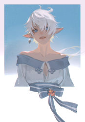 Rule 34 | 1girl, alisaie leveilleur, alternate costume, bare shoulders, blue background, blue bow, blue eyes, blue shirt, bow, chinese commentary, collarbone, commentary request, cropped torso, earrings, elezen, elf, final fantasy, final fantasy xiv, highres, jewelry, long hair, looking at viewer, low ponytail, off-shoulder shirt, off shoulder, parted lips, pointy ears, ponytail, shirt, shuangbatian, single earring, smile, solo, swept bangs, upper body, white hair