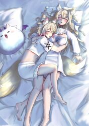 Rule 34 | 2girls, animal ear fluff, animal ears, belt collar, black collar, blonde hair, blue hair, blush, breasts, cleavage, cleavage cutout, closed eyes, clothing cutout, collar, cuddling, dog ears, dog girl, dog tail, dress, flat chest, frilled shorts, frills, fuwawa abyssgard, fuwawa abyssgard (1st costume), hololive, hololive english, hug, large breasts, leg lock, long hair, looking at viewer, medium hair, meldrik, mococo abyssgard, mococo abyssgard (1st costume), multicolored hair, multiple girls, one eye closed, open mouth, perroccino (fuwamoco), pillow, pink eyes, pink hair, short shorts, shorts, siblings, sisters, streaked hair, tail, tongue, tongue out, twins, virtual youtuber, white dress