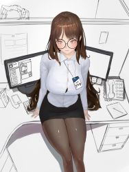 Rule 34 | 1girl, bad id, bad pixiv id, breasts, brown eyes, brown hair, button gap, cabinet, cellphone, closed mouth, collared shirt, computer, cubicle, desk, dlckdgns851, dress shirt, glasses, highres, id card, keyboard (computer), large breasts, long hair, monitor, mouse (computer), notebook, office, office lady, on desk, original, pantyhose, pen, pencil skirt, phone, round eyewear, shirt, sitting, on desk, skirt, smartphone, thighs, white shirt