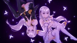 Rule 34 | 1girl, absurdres, bare shoulders, black dress, black thighhighs, blunt bangs, blush, boots, braid, breasts, bug, butterfly, cleavage, colored eyelashes, commentary request, detached sleeves, dress, emilia (re:zero), flower, foot out of frame, french braid, frilled sleeves, frills, gem, hair flower, hair ornament, hair ribbon, highres, huge filesize, insect, knees up, long hair, long sleeves, looking at viewer, low-tied long hair, medium breasts, miniskirt, multiple views, pleated skirt, pointy ears, purple background, purple eyes, re:zero kara hajimeru isekai seikatsu, ribbon, rose, sarin (seoling), satella (re:zero), silver hair, skirt, smile, thigh boots, thighhighs, upside-down, white dress, white flower, white rose, white thighhighs, wide sleeves, x hair ornament, zettai ryouiki
