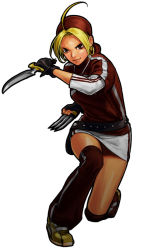 Rule 34 | 1girl, ahoge, bandana, belt, belt pouch, blonde hair, claws, dual wielding, earrings, fighting stance, full body, hiroaki (kof), holding, hoop earrings, jewelry, kneeling, knife, malin (kof), miniskirt, necklace, official art, pencil skirt, pouch, red eyes, shoes, short hair, simple background, skirt, smile, sneakers, snk, solo, striped, the king of fighters, the king of fighters xi, thighhighs, turtleneck