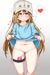 Rule 34 | 10s, 1girl, akaki tsubasa, bar censor, blonde hair, blue shirt, blush, bottomless, brown eyes, brown hair, censored, character name, clothes lift, clothes writing, collarbone, controller, drooling, empty eyes, female focus, flat chest, gradient background, grey background, grey hat, hair between eyes, hands up, hat, hataraku saibou, heart, highres, japanese text, lifting own clothes, long hair, looking at viewer, looking up, navel, no panties, nose blush, object insertion, open mouth, platelet (hataraku saibou), pussy, remote control, remote control vibrator, saliva, sex toy, shiny skin, shirt, shirt lift, short sleeves, simple background, skindentation, solo, speech bubble, spoken heart, standing, sweat, thigh strap, translated, trembling, vaginal, vaginal object insertion, vibrator, vibrator cord, white background, yellow eyes