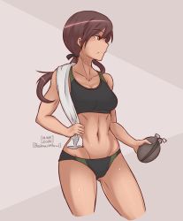 Rule 34 | 1girl, blush, bookmarkahead, breasts, brown eyes, brown hair, buruma, cameltoe, closed mouth, collarbone, gertrud barkhorn, gluteal fold, green buruma, green sports bra, grey background, groin, highres, medium breasts, medium hair, midriff, navel, simple background, solo, sports bra, sportswear, standing, strike witches, sweat, towel, towel on one shoulder, twintails, two-tone background, world witches series