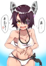 Rule 34 | 10s, 1girl, bad id, bad pixiv id, bikini, blush, breasts, cleavage, curvy, eyepatch, gradient background, highres, kantai collection, looking at viewer, medium breasts, nabeo, open mouth, purple hair, short hair, solo, surprised, swimsuit, tenryuu (kancolle), wide hips, yellow eyes