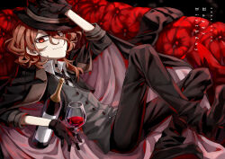 Rule 34 | 1boy, absurdres, alcohol, alternate eye color, arm up, black collar, black gloves, black jacket, black pants, boseki (edam a), bottle, bungou stray dogs, buttons, closed mouth, collar, collared shirt, commentary request, couch, cross tie, cup, dated, drinking glass, gloves, grey vest, hair between eyes, hand on headwear, happy birthday, hat, highres, jacket, long sleeves, looking at viewer, lying, male focus, medium hair, nakahara chuuya, on couch, orange eyes, orange hair, pants, reclining, shirt, shoes, smile, solo, vest, white shirt, wine, wine bottle, wine glass