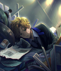 Rule 34 | 1boy, absurdres, black jacket, black necktie, blonde hair, blue jacket, bottle, character request, check character, commentary request, formal, gloves, grey gloves, highres, jacket, long sleeves, lying, matsuno chifuyu, messy hair, nanin, necktie, paper, shirt, solo, striped clothes, striped shirt, tokyo revengers, trash, white shirt