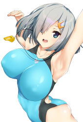 Rule 34 | 1girl, alternate costume, ass, blue eyes, blush, breasts, c@rbon, competition swimsuit, covered erect nipples, eyes visible through hair, hair ornament, hamakaze (kancolle), kantai collection, large breasts, looking at viewer, one-piece swimsuit, open mouth, short hair, silver hair, solo, swimsuit