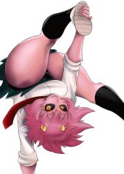 Rule 34 | 1girl, ashido mina, ass, bike shorts, black sclera, boku no hero academia, breakdance, breasts, colored sclera, colored skin, dancing, green skirt, highres, horns, large breasts, looking at viewer, lyn nyl, necktie, noblood (ryandomonica), pink hair, pink skin, red necktie, school uniform, shirt, shoes, short hair, shorts, shorts under skirt, skirt, smile, socks, solo, thick thighs, thighs, white background, white shirt, yellow eyes