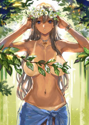 Rule 34 | 1girl, arms up, bangle, bikini tan, blue eyes, bracelet, branch, breasts, censored, censored nipples, convenient censoring, earrings, eyelashes, female focus, flower wreath, grey hair, hair between eyes, head wreath, jewelry, large breasts, leaf, leaf censor, long hair, looking at viewer, nature, navel, necklace, no panties, original, outdoors, parted lips, ran&#039;ou (tamago no kimi), sarong, skyclad, solo, standing, stud earrings, tan, tanline, topfreedom, topless, very long hair