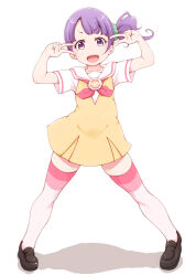 Rule 34 | 1girl, :d, brown footwear, double v, dress, full body, loafers, looking at viewer, manaka non, open mouth, pink thighhighs, pretty series, pripara, purple eyes, purple hair, school uniform, shoes, short hair, side ponytail, simple background, smile, solo, standing, thighhighs, v, white background, yellow dress, yonekura hisaki, zettai ryouiki