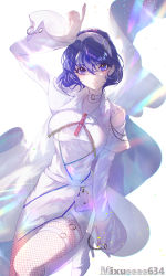 Rule 34 | 1girl, absurdres, adapted costume, belt, blue eyes, blue hair, cape, hairband, highres, md5 mismatch, patchwork clothes, rainbow gradient, resolution mismatch, short hair, simple background, soi soi (mixueeee634), solo, source smaller, tenkyuu chimata, touhou, white background, white hairband, zipper