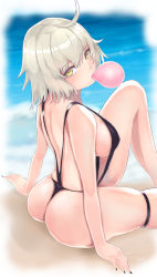 Rule 34 | 1girl, ahoge, ass, bad id, bad pixiv id, beach, black nails, black one-piece swimsuit, breasts, blowing bubbles, chewing gum, commentary request, day, fate/grand order, fate (series), highres, jeanne d&#039;arc (fate), jeanne d&#039;arc alter (avenger) (fate), jeanne d&#039;arc alter (fate), large breasts, looking at viewer, looking back, mutsu ane daisuki, nail polish, ocean, one-piece swimsuit, short hair, sideboob, silver hair, sitting, slingshot swimsuit, solo, swimsuit, thigh strap, yellow eyes