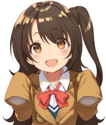 Rule 34 | 1girl, :d, age regression, blazer, blush, bow, bowtie, brown eyes, brown hair, commentary request, idolmaster, idolmaster cinderella girls, jacket, long hair, looking at viewer, open mouth, oversized clothes, pokachu, school uniform, shimamura uzuki, side ponytail, simple background, sleeves past wrists, smile, solo, white background, aged down